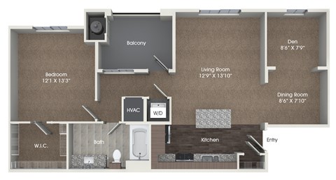 Floor plan for 1 bed, 1 bath, 893 sqft